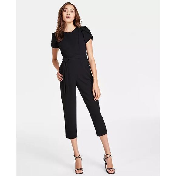 Calvin Klein Women's Tie-Waist Tulip-Sleeve black Jumpsuit sz 4 - Picture 1 of 7